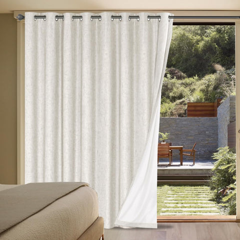 H.VERSAILTEX linen blackout curtains closeup reveals textured ivory fabric