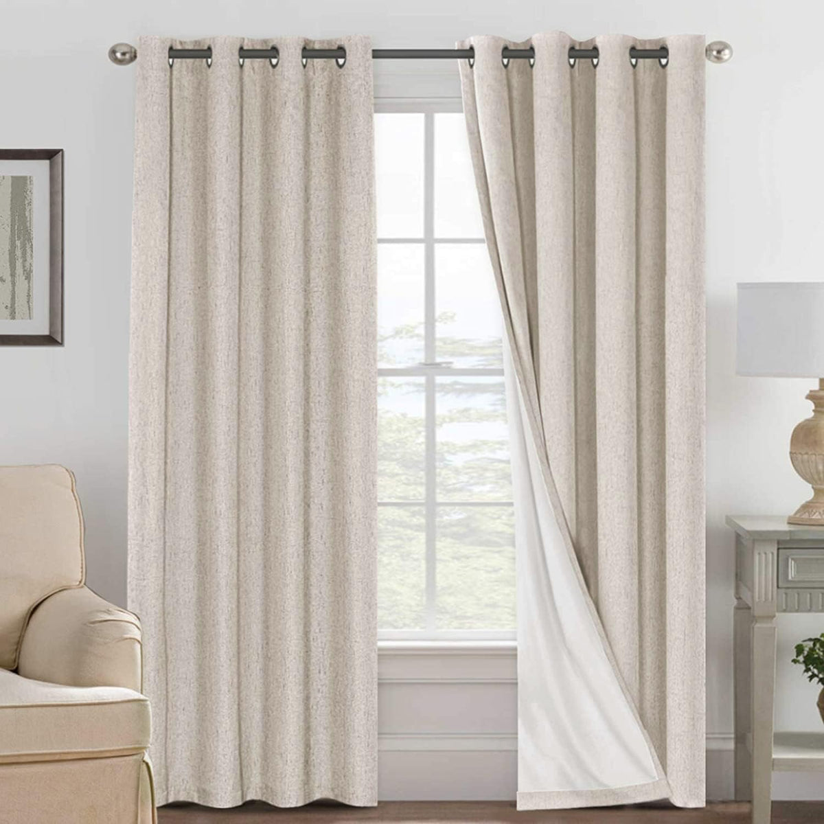 H.VERSAILTEX linen curtain panel showing 52W x 90L size with privacy benefits