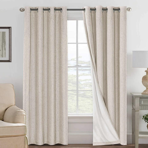 H.VERSAILTEX linen curtain panel showing 52W x 90L size with privacy benefits