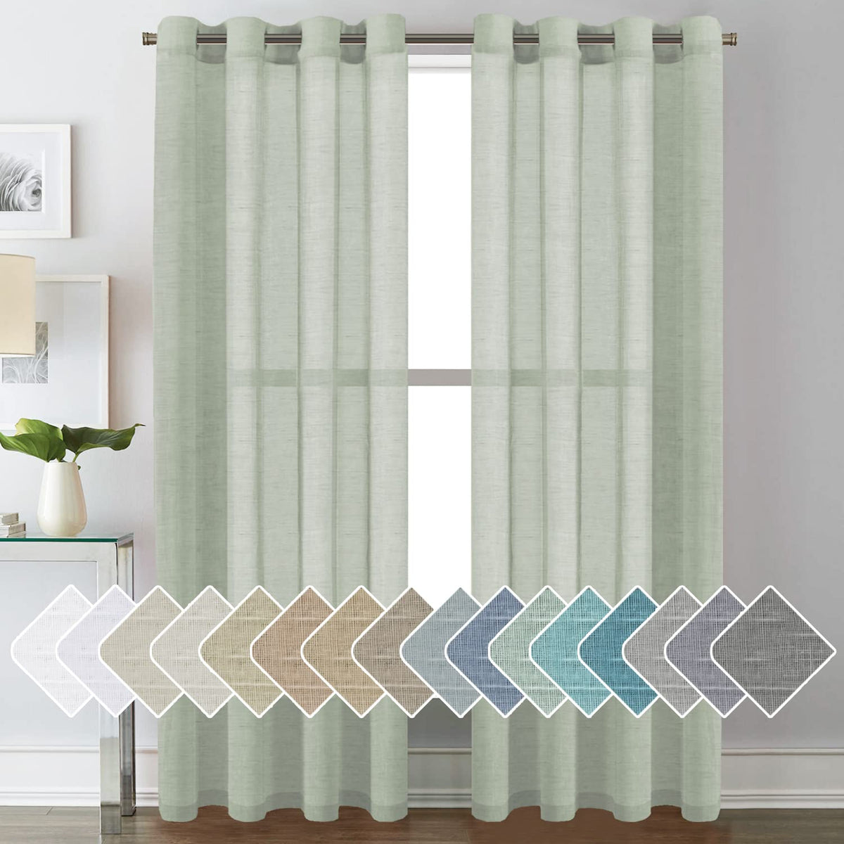 H.VERSAILTEX sage linen curtain close-up shows soft textured drape
