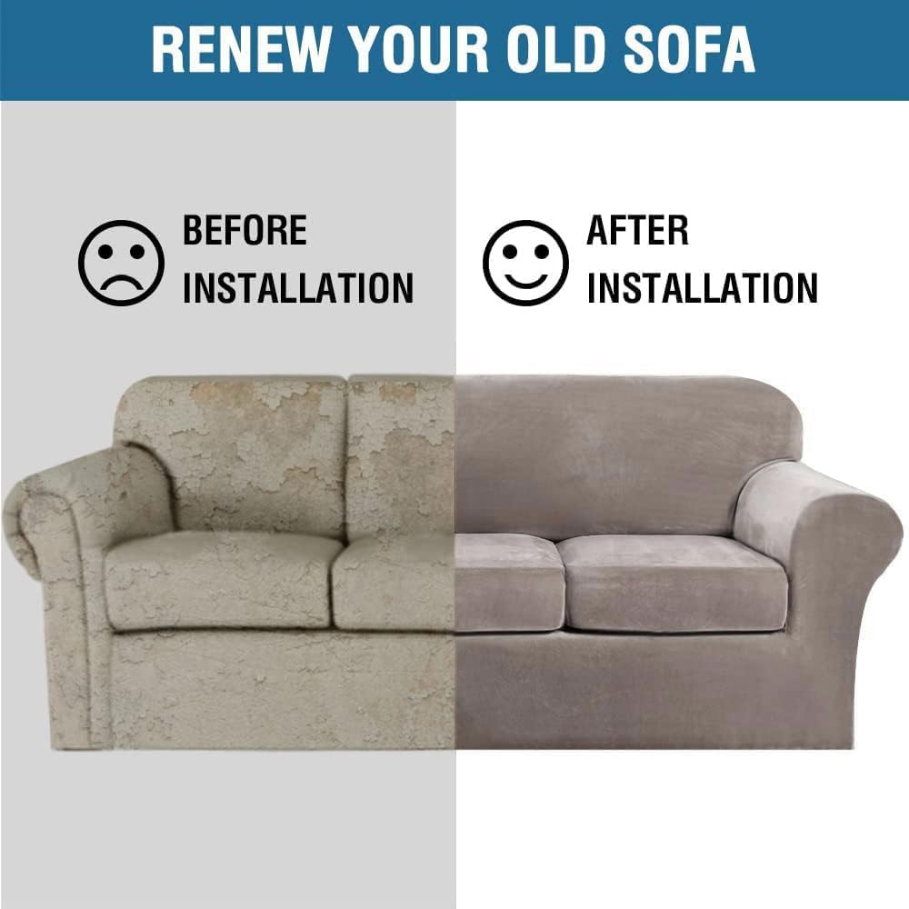 H.VERSAILTEX slipcover on taupe sofa offers quick refresh.