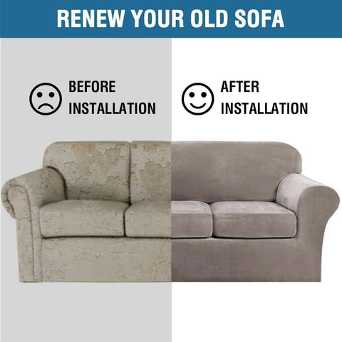 H.VERSAILTEX slipcover on taupe sofa offers quick refresh.