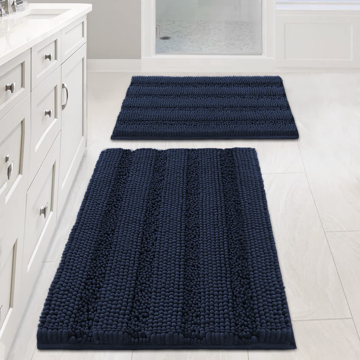 H.VERSAILTEX navy blue bath rug set with plush pile for instant warmth and comfort.