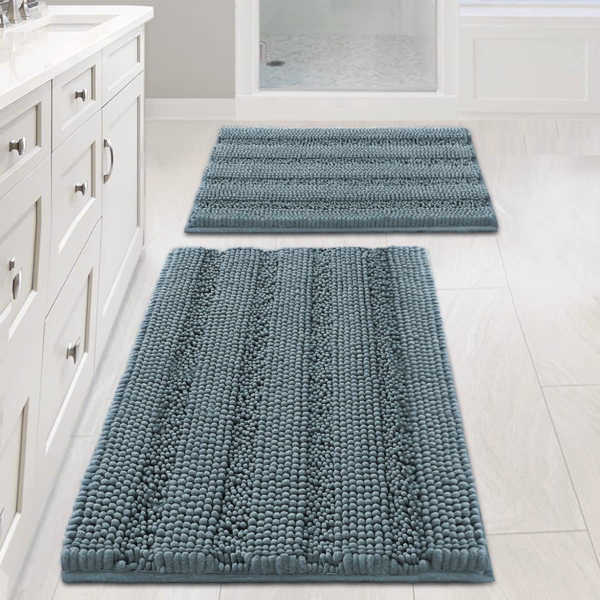H.VERSAILTEX non-slip thick shaggy chenille bath rug set for secure footing after showers.