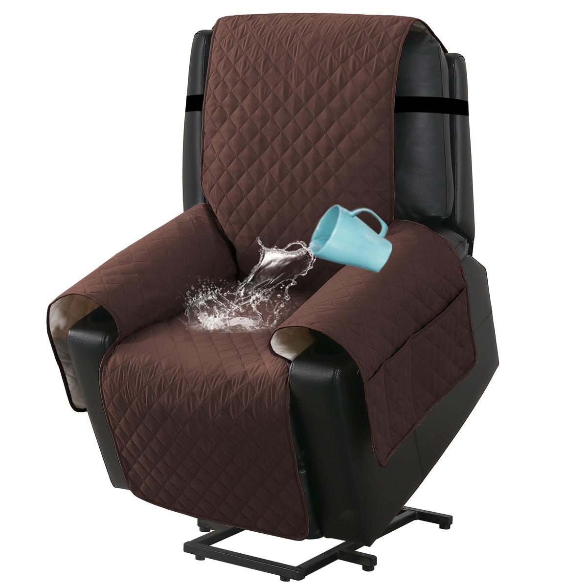 H.VERSAILTEX power lift recliner cover on brown chair with waterproof surface.