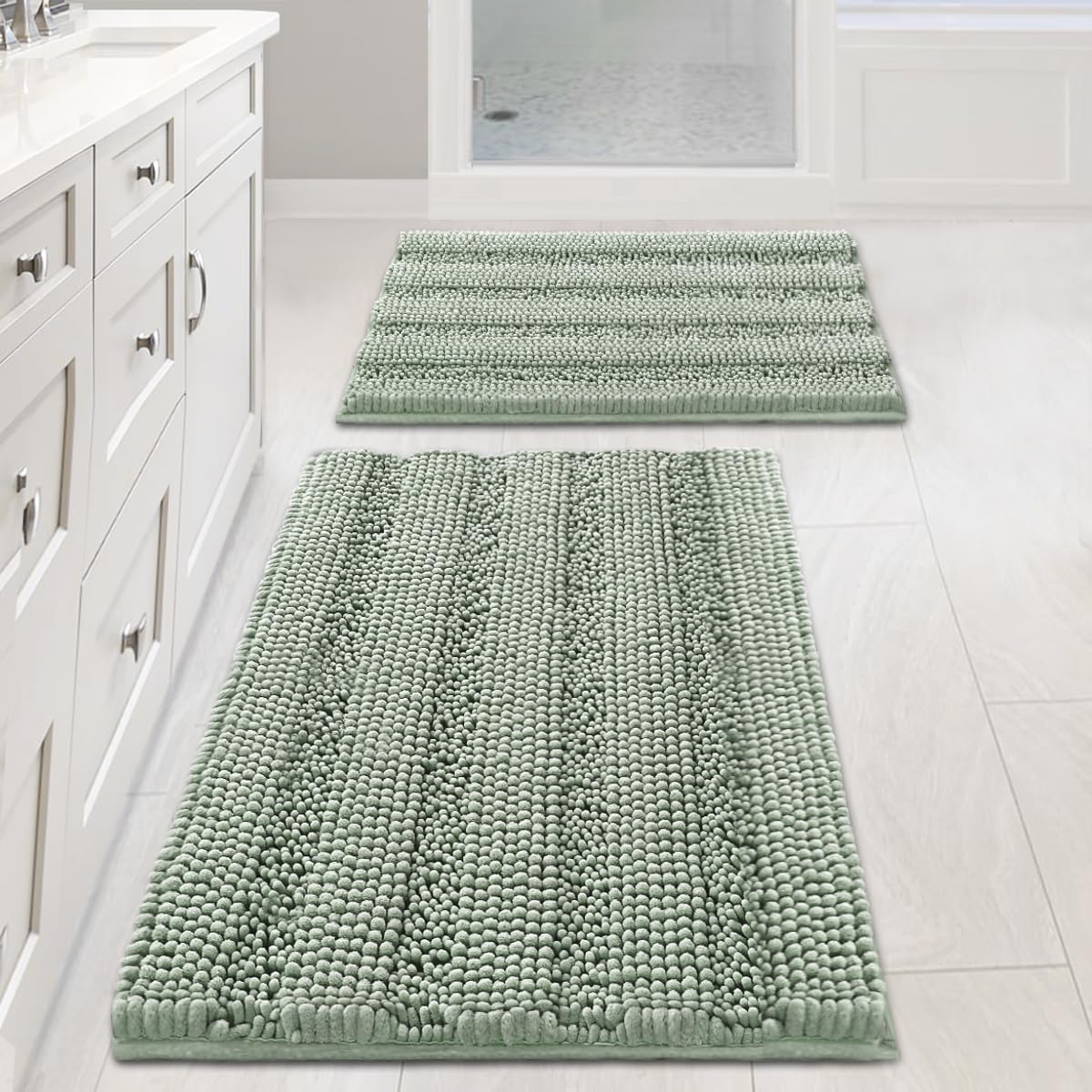 H.VERSAILTEX Sage bath rug set offers ultra-thick chenille stripes for plush comfort.