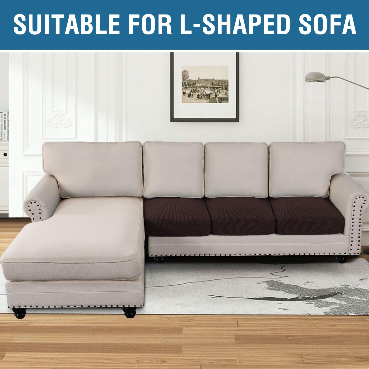 H.VERSAILTEX slipcover on sofa demonstrates a seamless, secure fit.