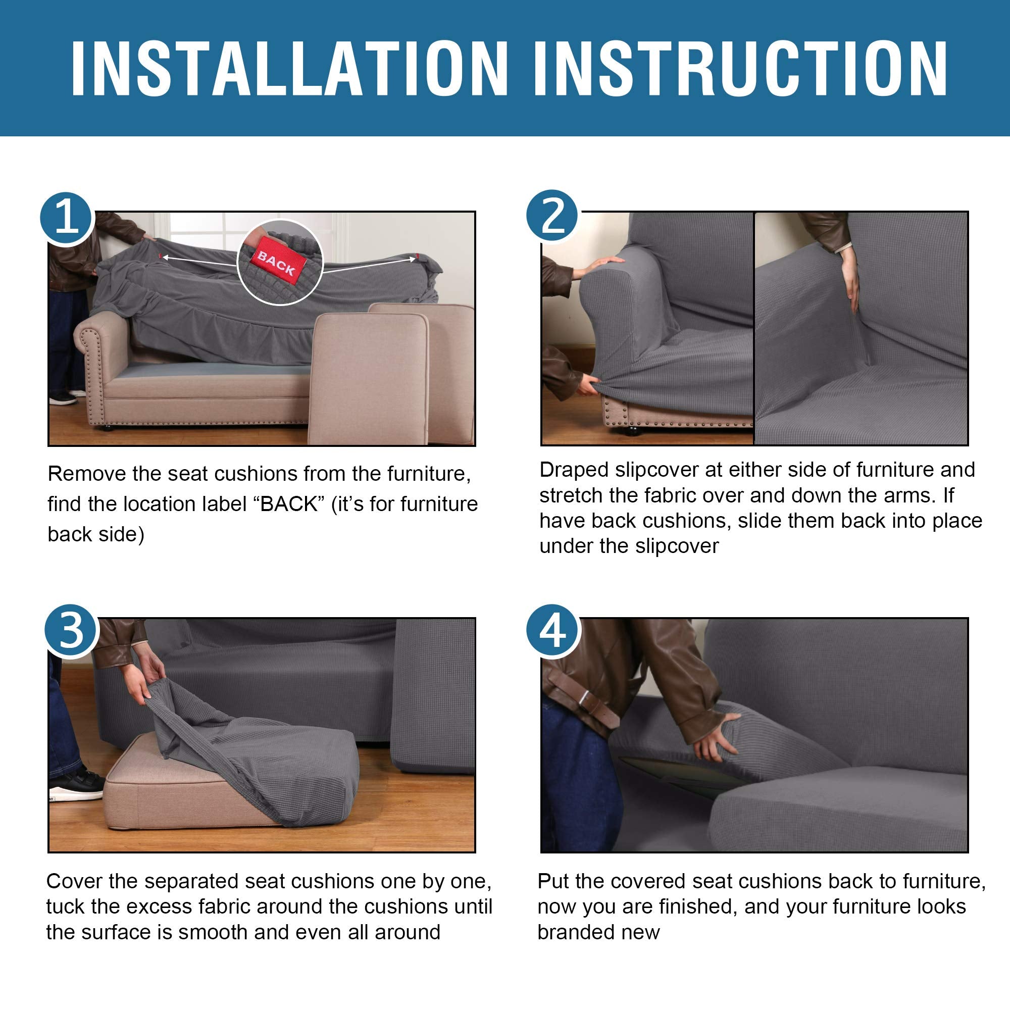H.VERSAILTEX slipcover care guide image showing machine wash for easy care