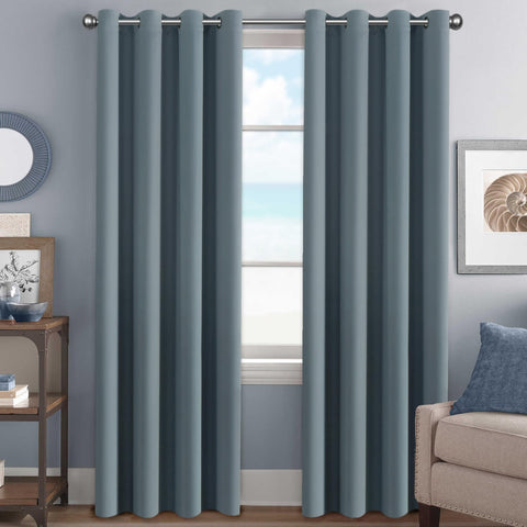 H VERSAILTEX Stone Blue blackout curtains in closed view for light control