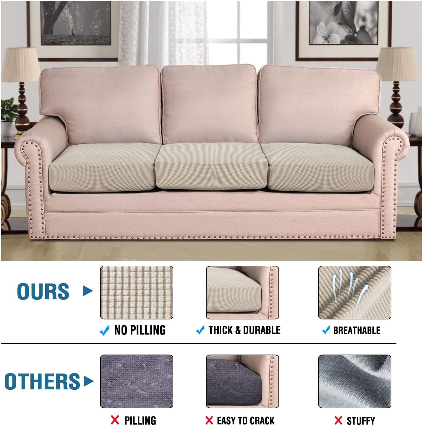 H.VERSAILTEX Island Fossi on sofa shows easy slip-on fit