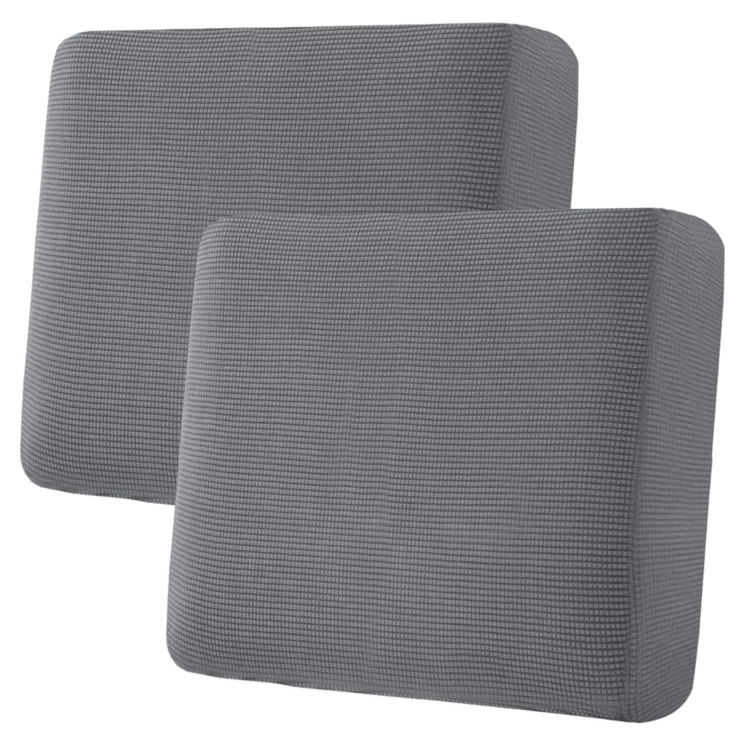 H.VERSAILTEX super stretch seat covers in grey on a sofa; 2-piece set protects cushions.