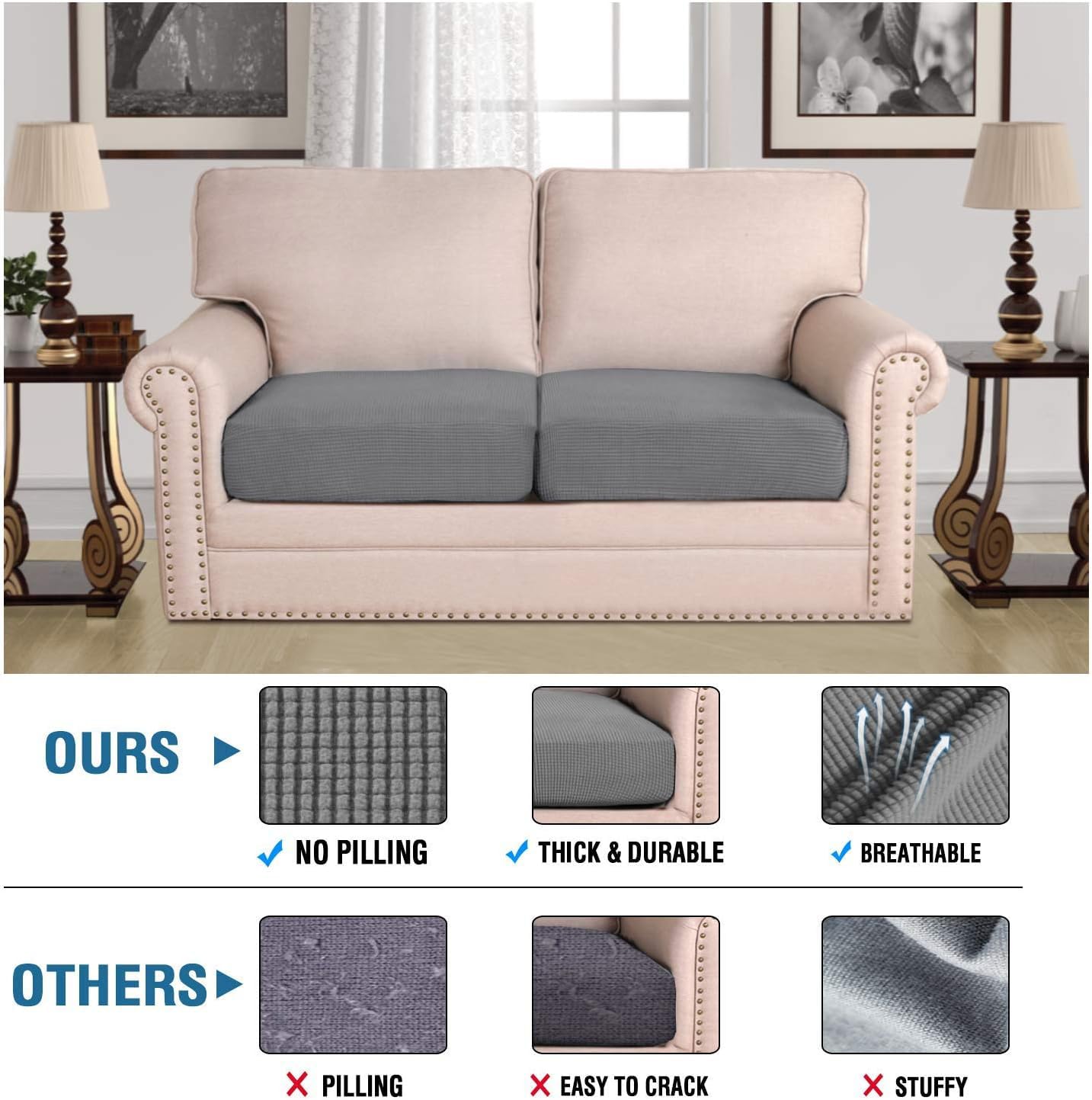 H.VERSAILTEX cushion slipcover installed on a sofa seat with non-slip loops