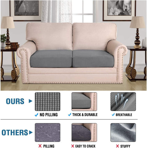 H.VERSAILTEX cushion slipcover installed on a sofa seat with non-slip loops