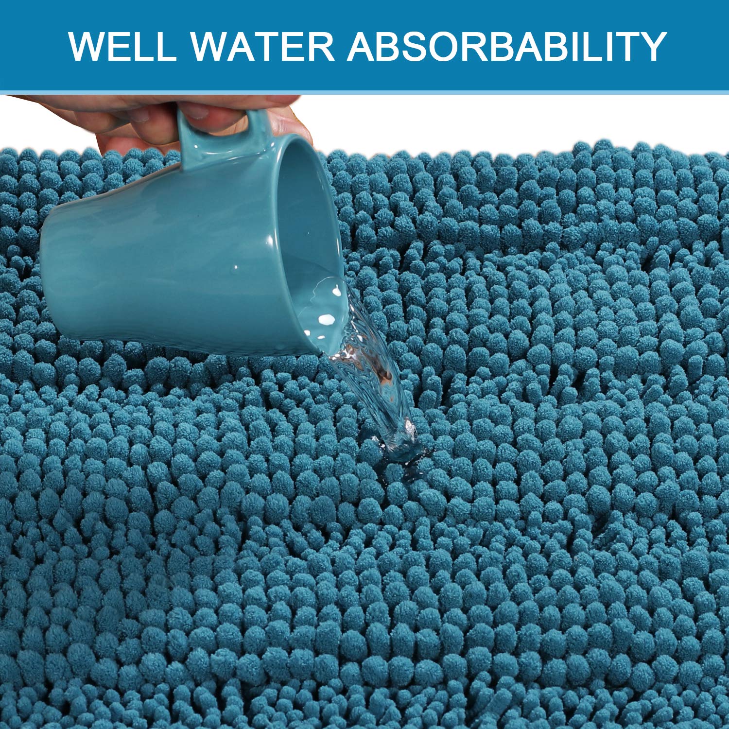 H.VERSAILTEX turquoise bath mat absorbs moisture, keeping floors dry and warm.