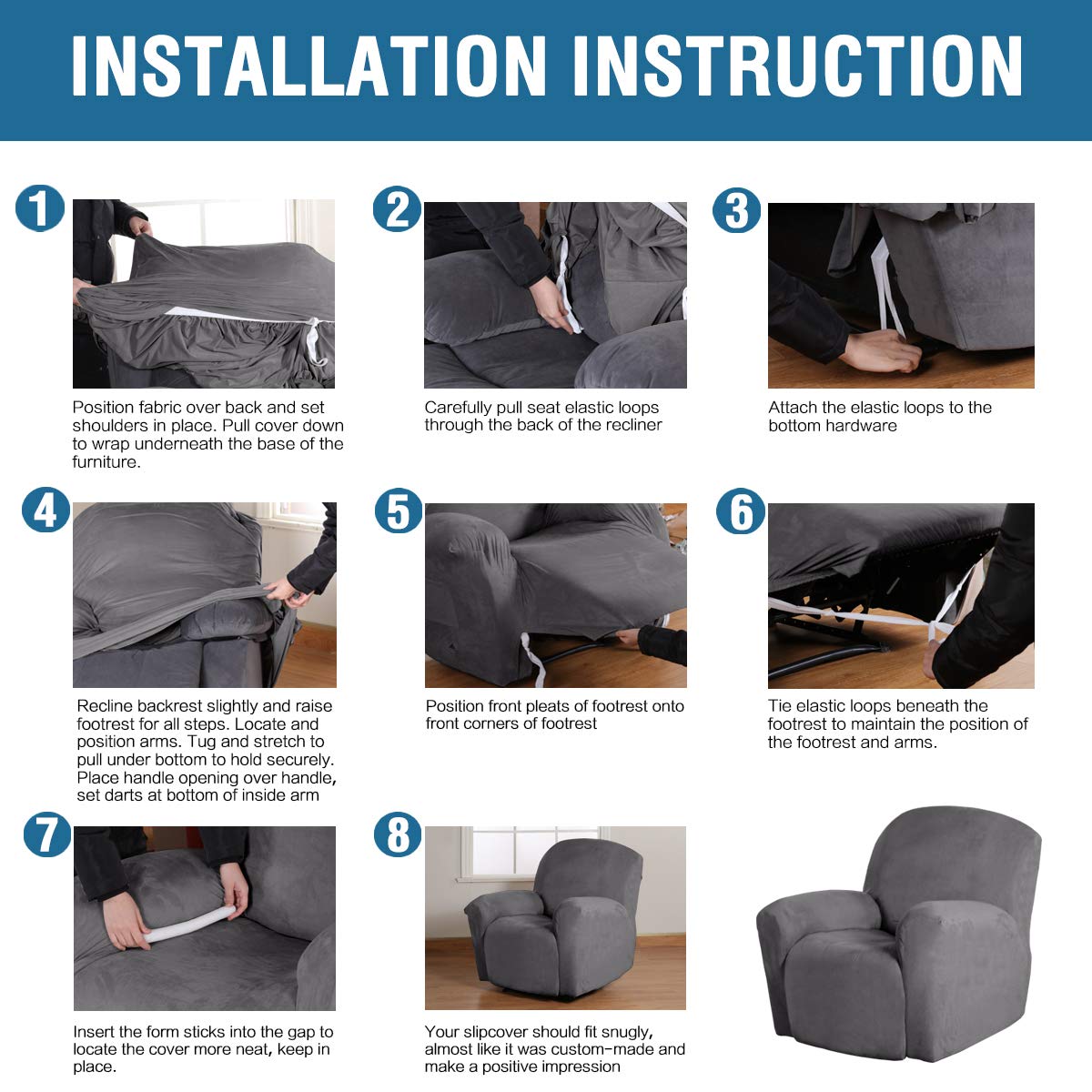 H.VERSAILTEX velvet recliner cover grey living room setup shows transformed furniture look.