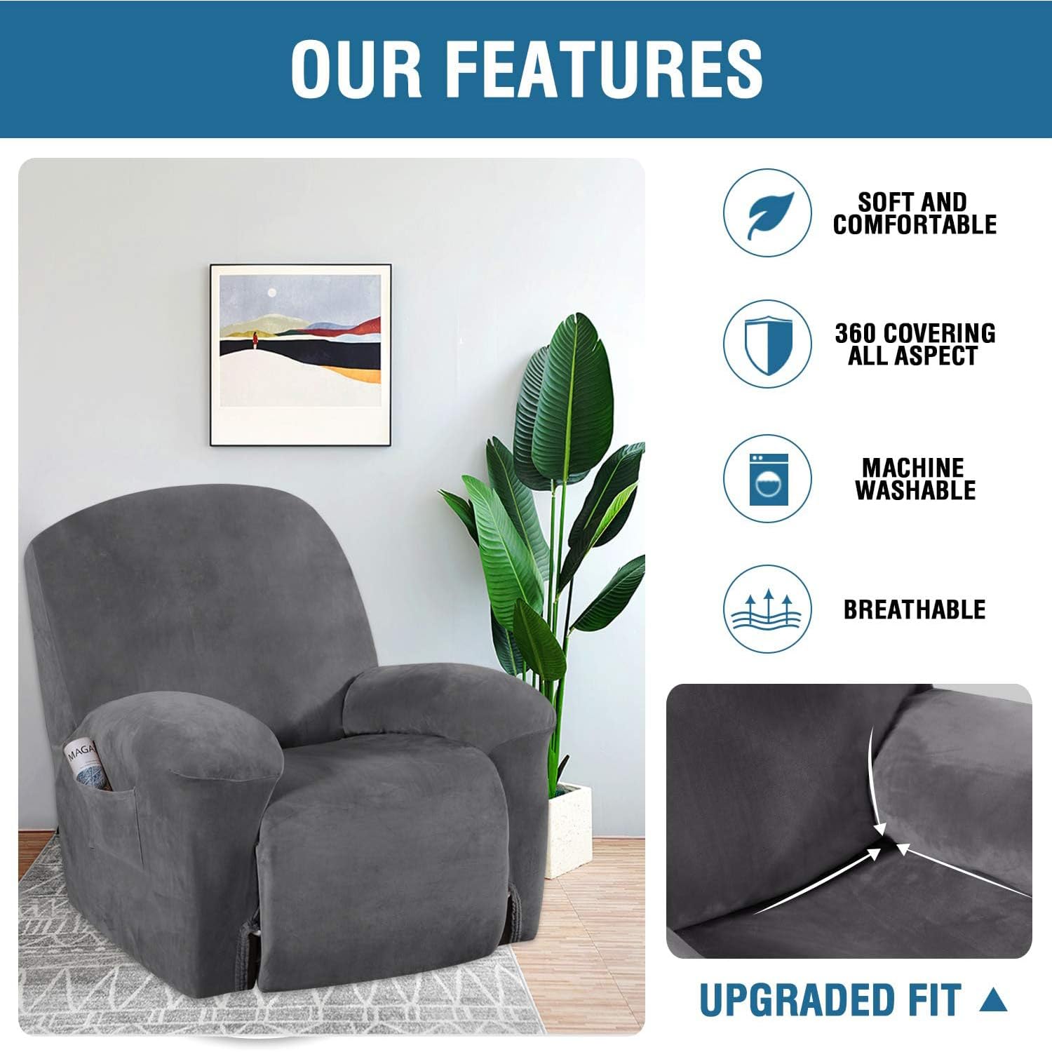 H.VERSAILTEX velvet recliner cover grey non-slip detail prevents sliding during use.