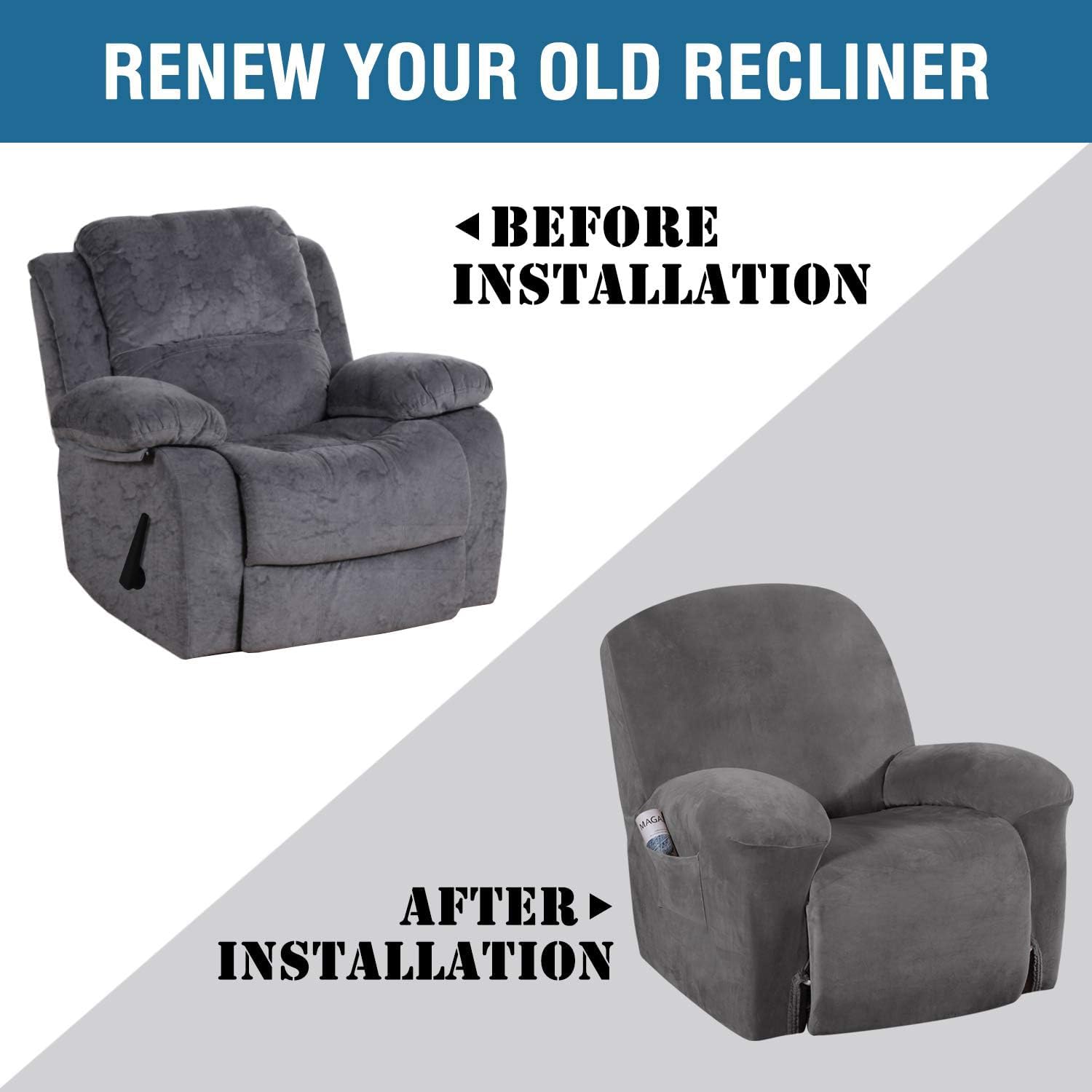 H.VERSAILTEX velvet recliner cover grey packaging and brand label.