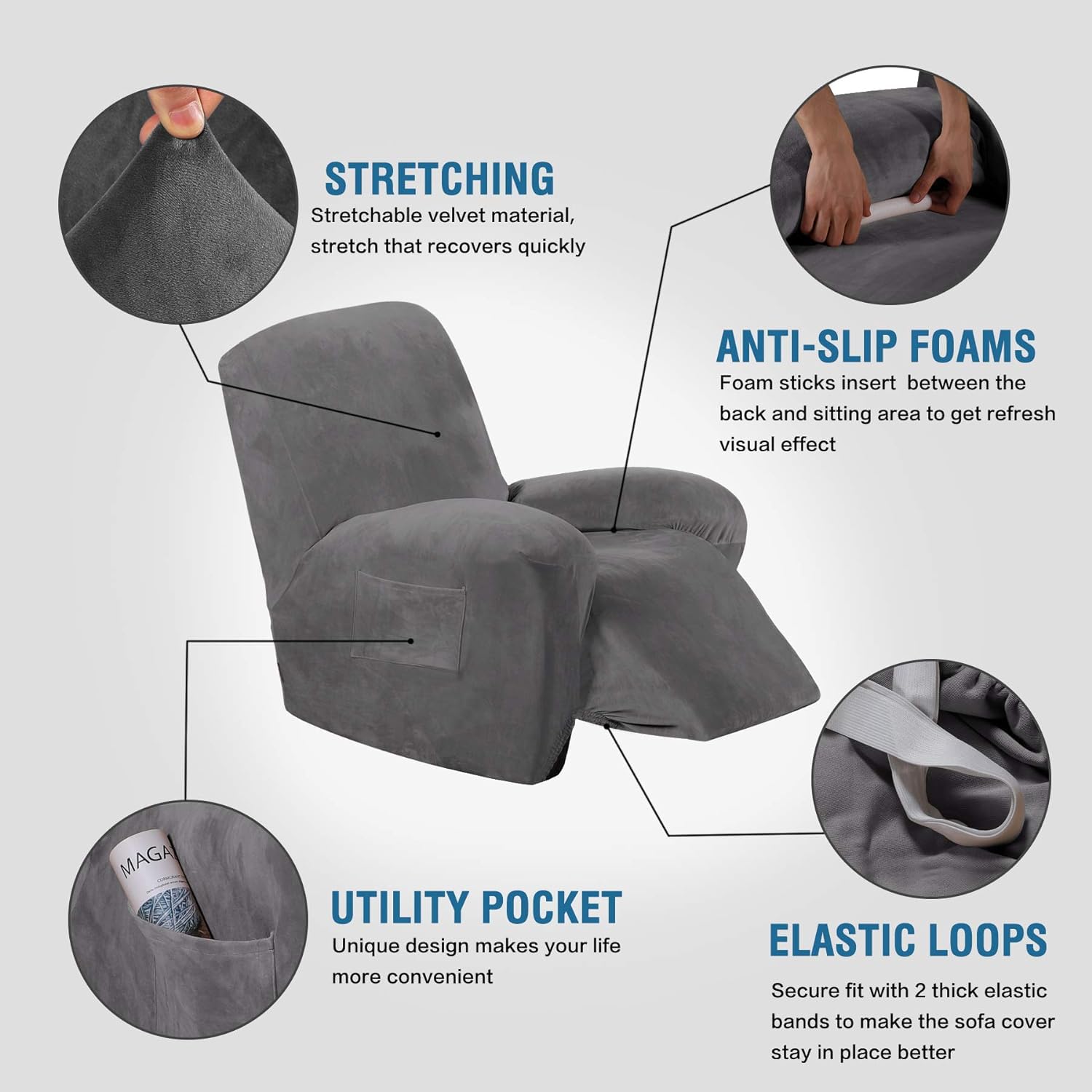 H.VERSAILTEX velvet recliner cover grey close-up shows rich texture and soft touch.