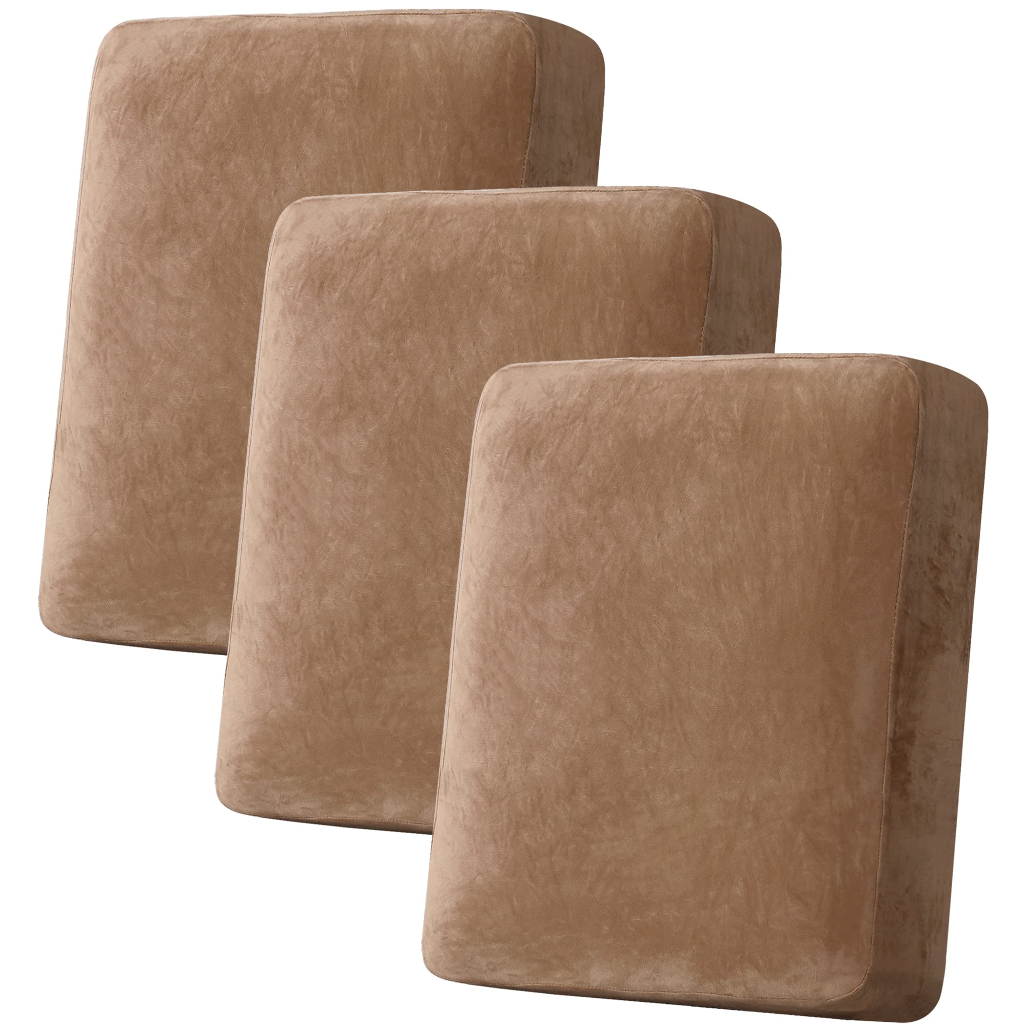 H.VERSAILTEX velvet stretch cushion cover camel, front view, plush and durable.