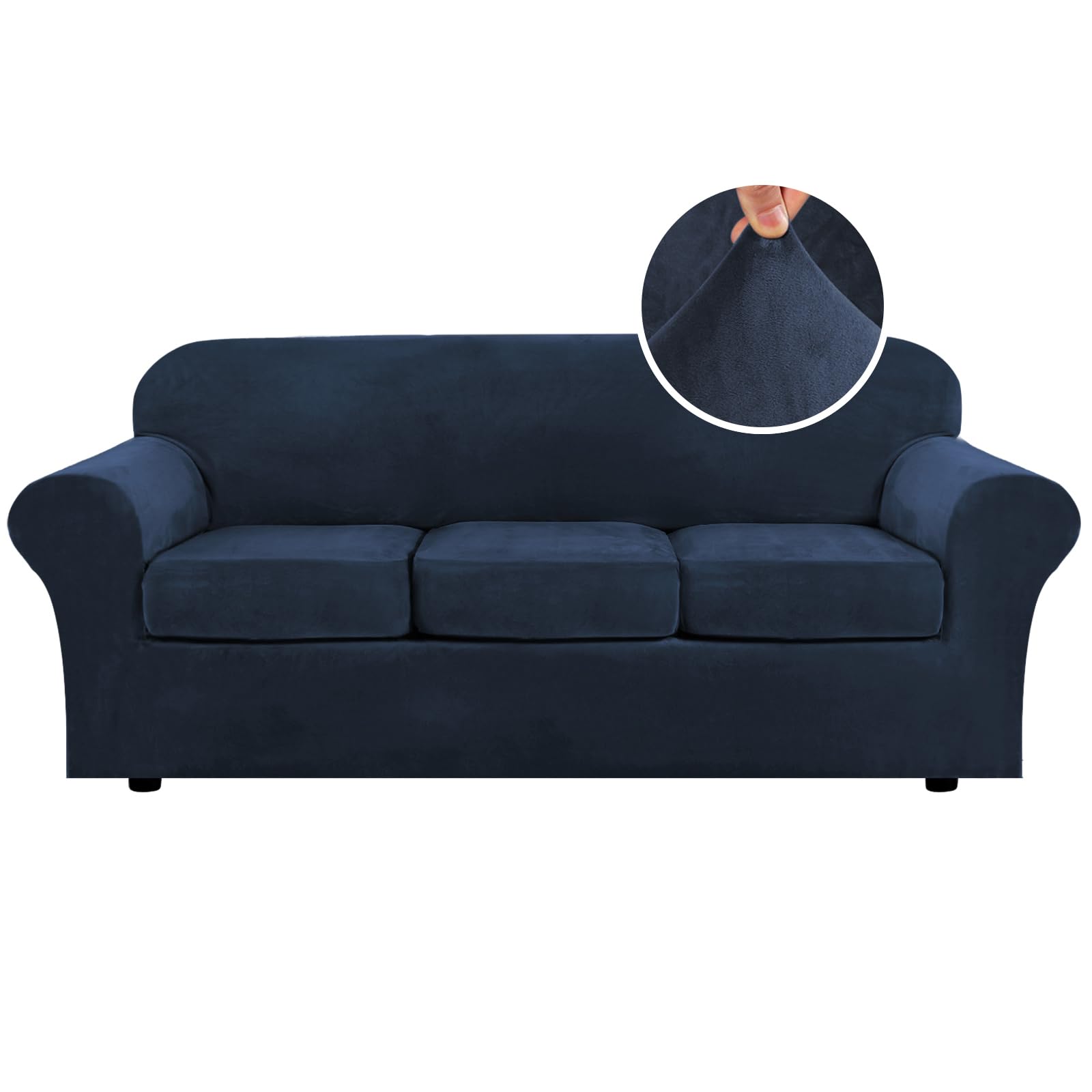 H.VERSAILTEX navy base slipcover protects sofa with plush velvet fabric