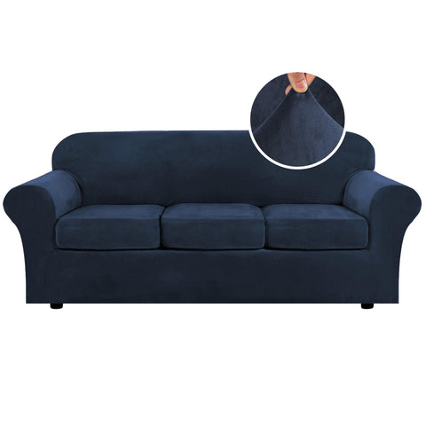 H.VERSAILTEX navy base slipcover protects sofa with plush velvet fabric