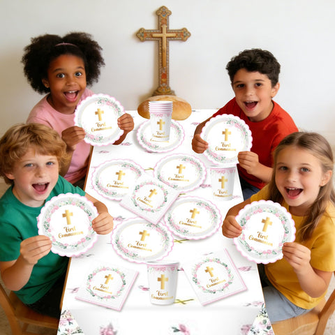 HABDJILTY golden-cross floral design highlights the First Communion theme.