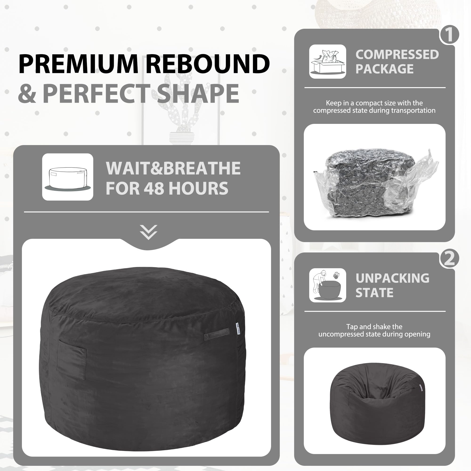 HABUTWAY 3ft grey bean bag chair ready for dorm or bedroom lounging
