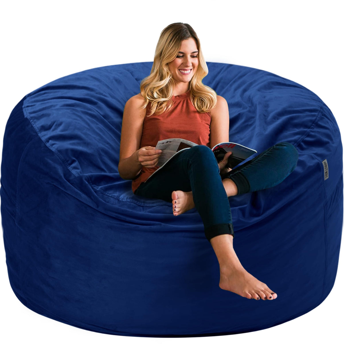 HABUTWAY bean bag chair with blue velvet cover offers luxurious comfort.