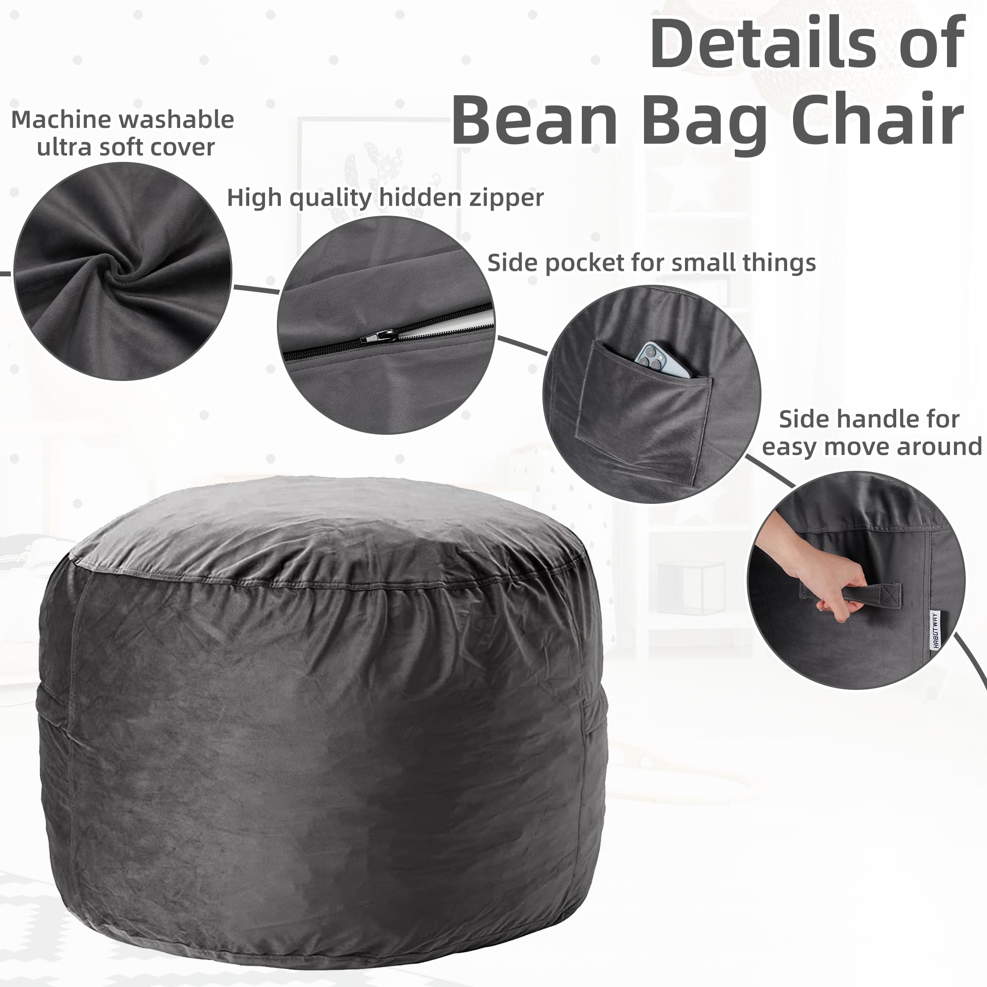 HABUTWAY bean bag features a built-in handle and side pocket for easy mobility