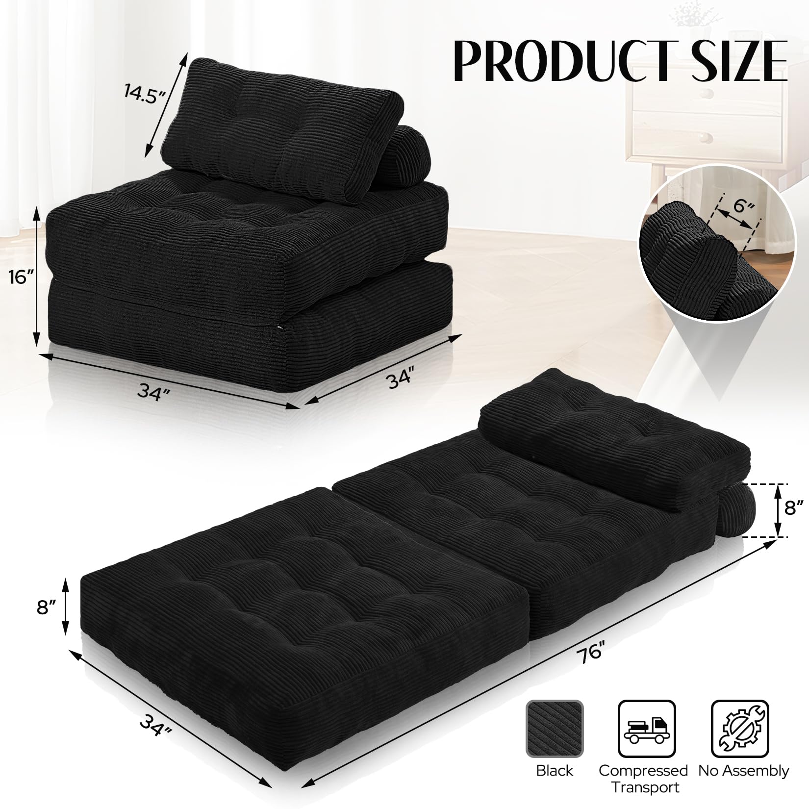 HABUTWAY folding sofa bed with reclining chair and dual pillows for relaxed seating