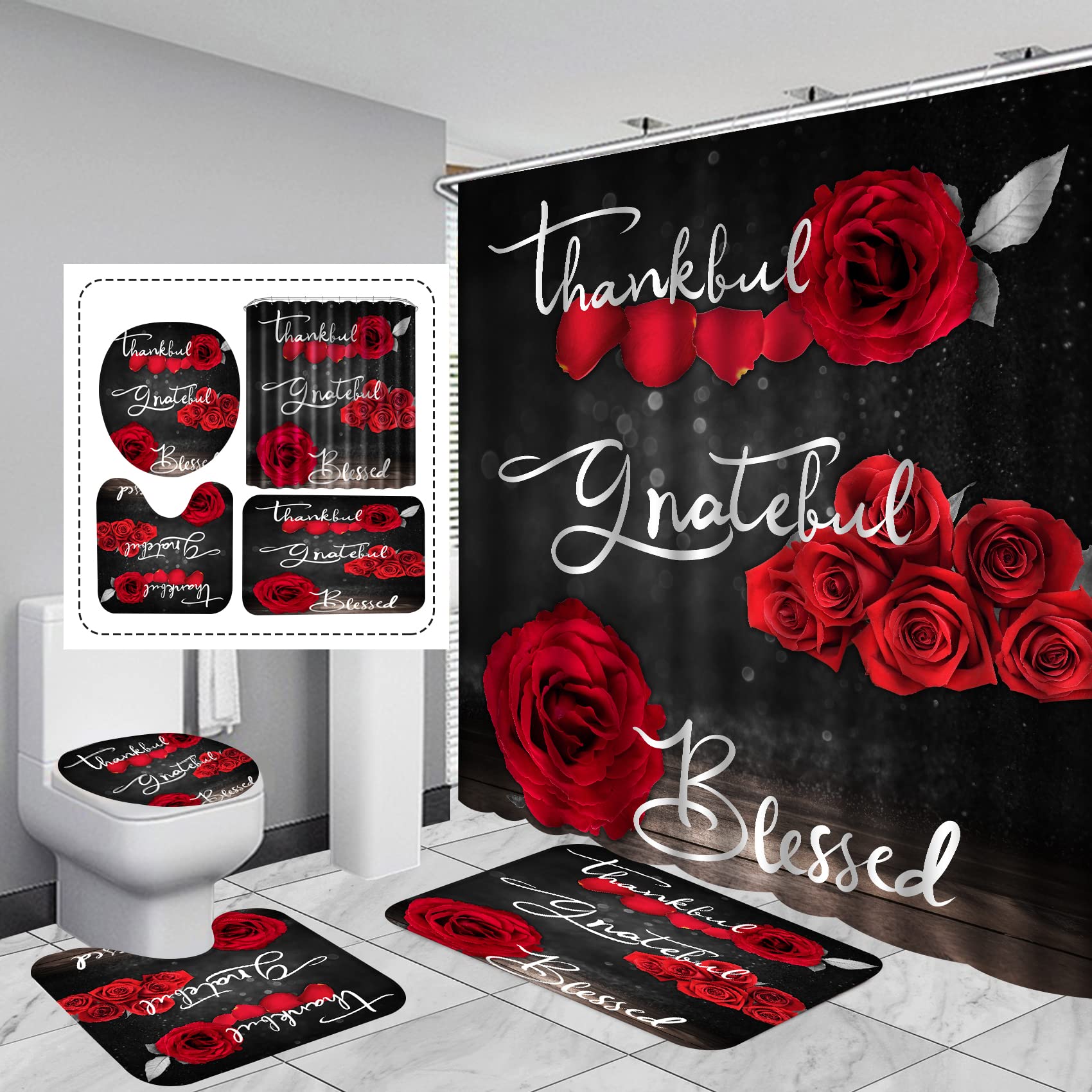 Hadint red rose shower curtain enhances bathroom style with quick-dry fabric.