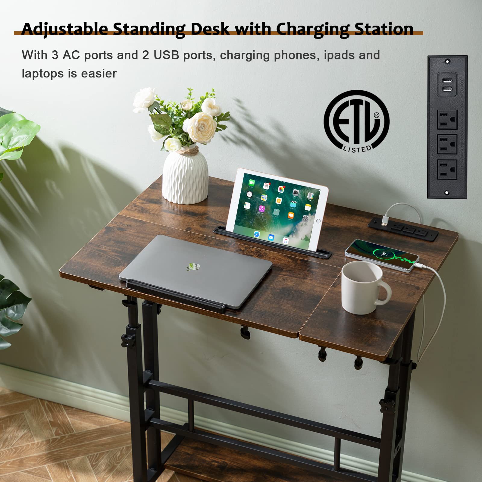 Hadulcet large workspace supports laptop, monitor, and notebooks.
