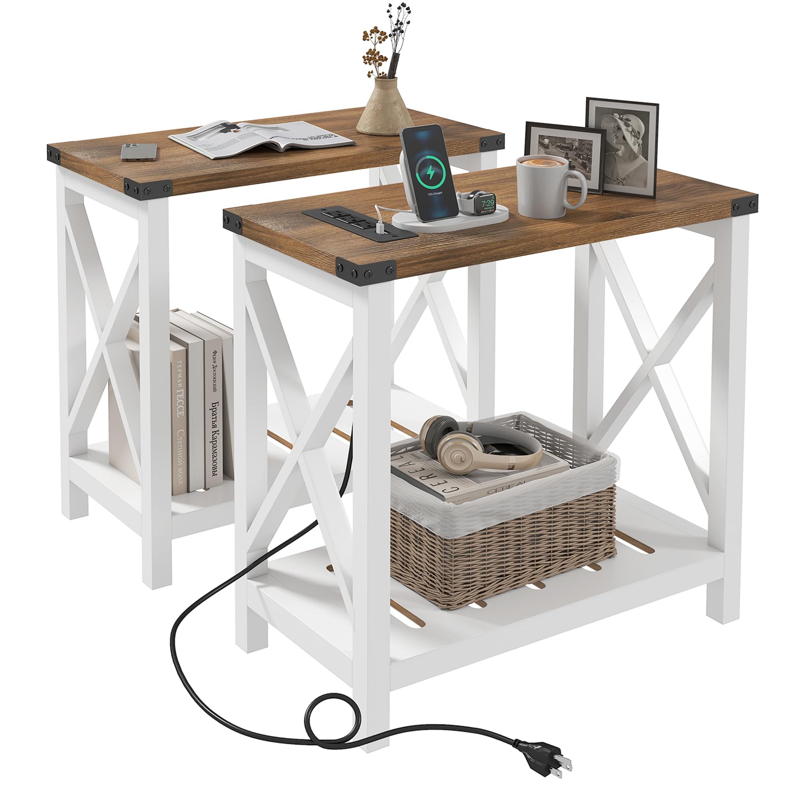 Hadulcet farmhouse end table charging station: convenient outlets for devices.