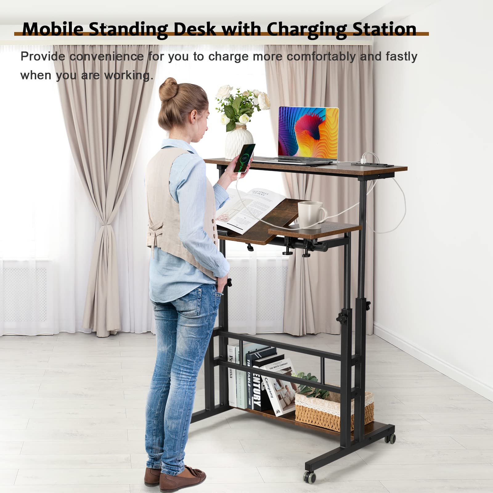 Hadulcet rolling desk shows 360-degree wheels for easy repositioning.
