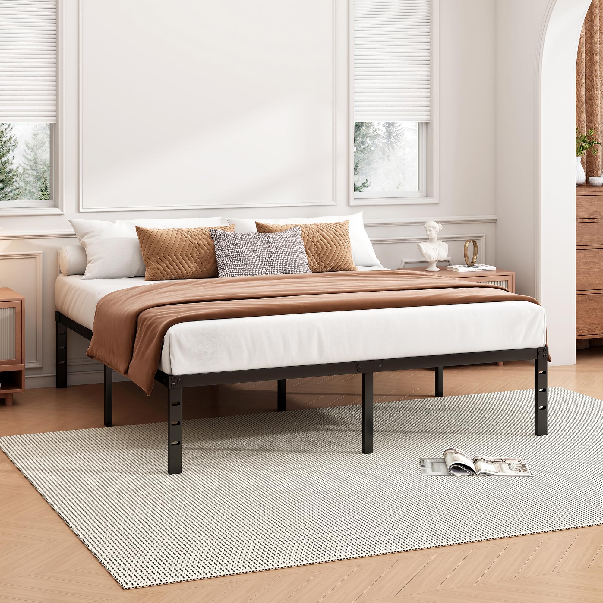Hafenpo 14-inch bed frame under-bed storage space neatly organizes belongings.
