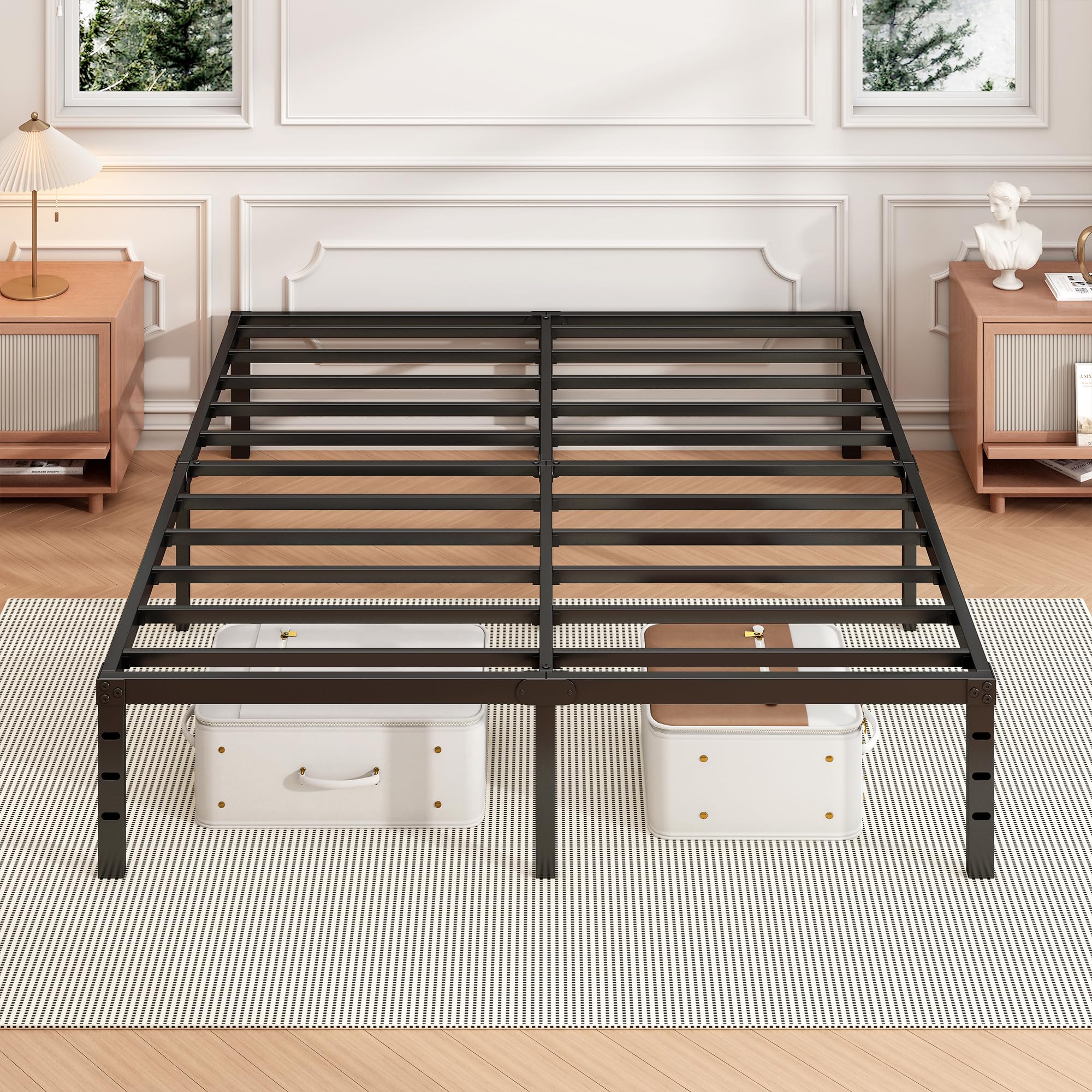 Hafenpo metal platform queen bed for easy mattress setup.