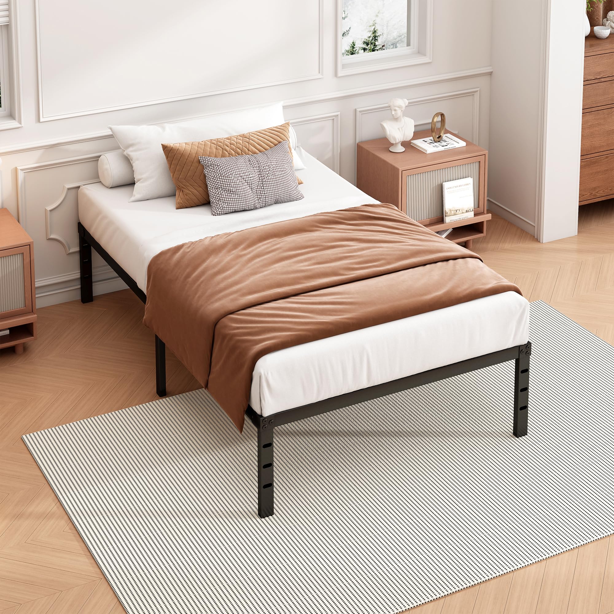 Hafenpo twin bed frame matte black finish blends with room decor.