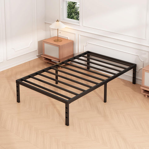 Hafenpo twin bed frame metal construction close-up emphasizes durable reinforced legs.