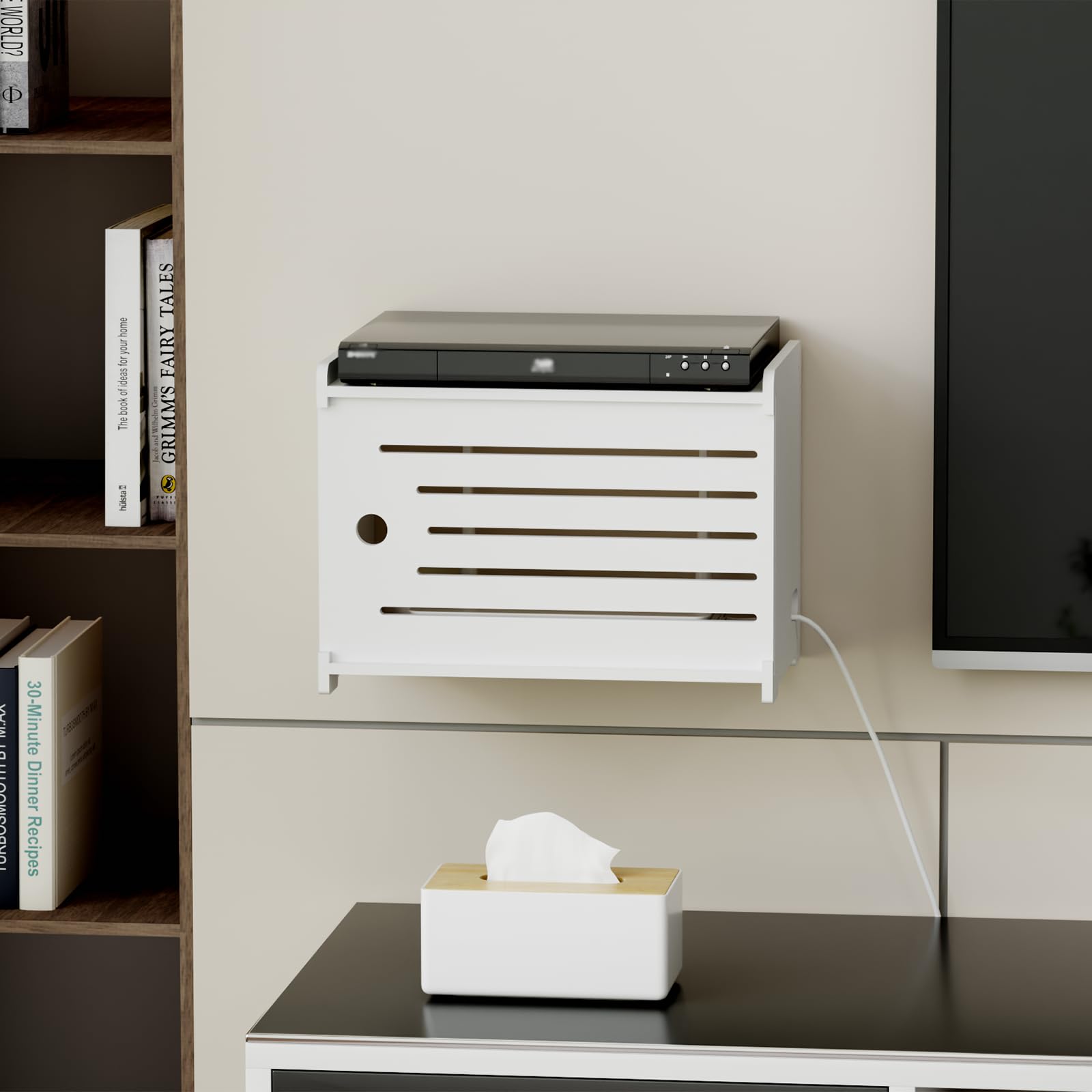 HAIDAIYA router storage box shown in a cozy living room setup.