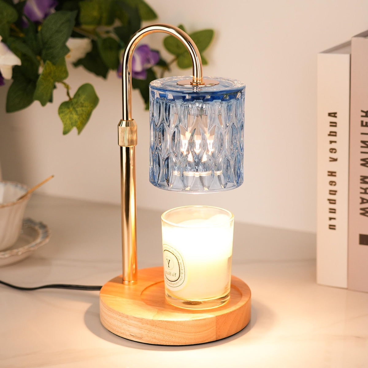HAIDOLIANG candle warmer lamp with blue base, smoke-free fragrance diffusion for a calmer home