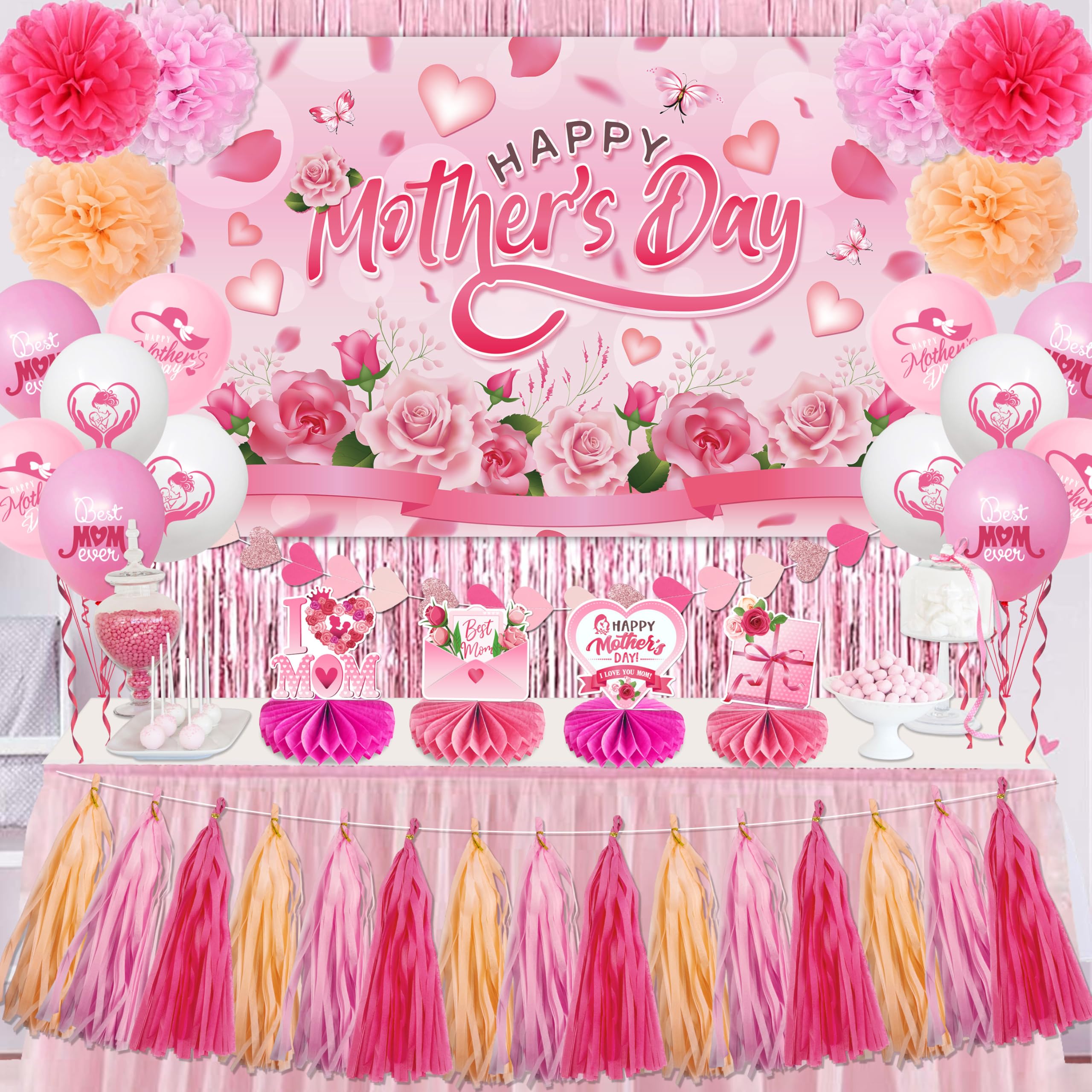 Haimimall Mother's Day backdrop pink floral for photo-worthy moments