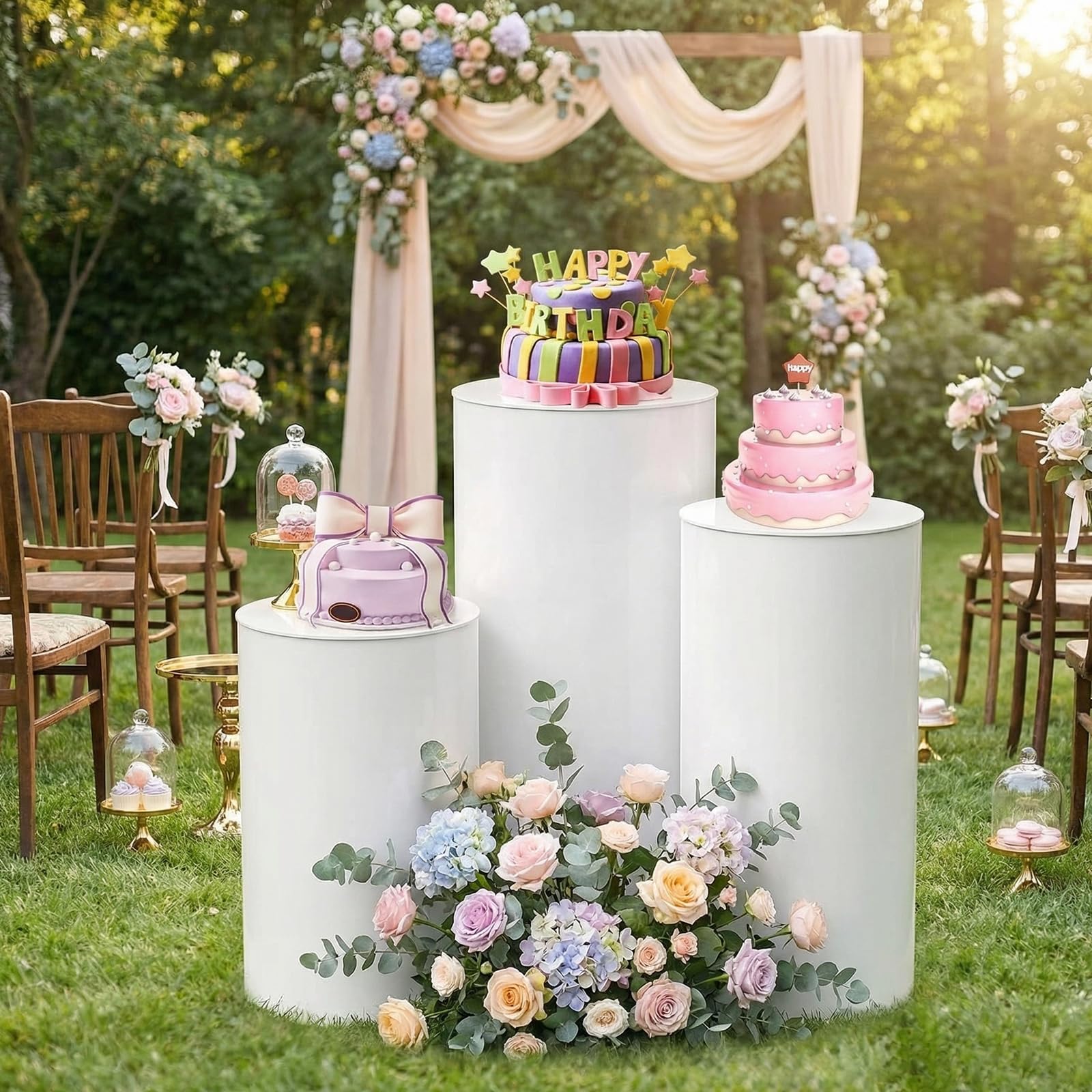HAISIWLKJ cylinder-stand-dessert-table-setup elevates dessert trays with a clean white backdrop.
