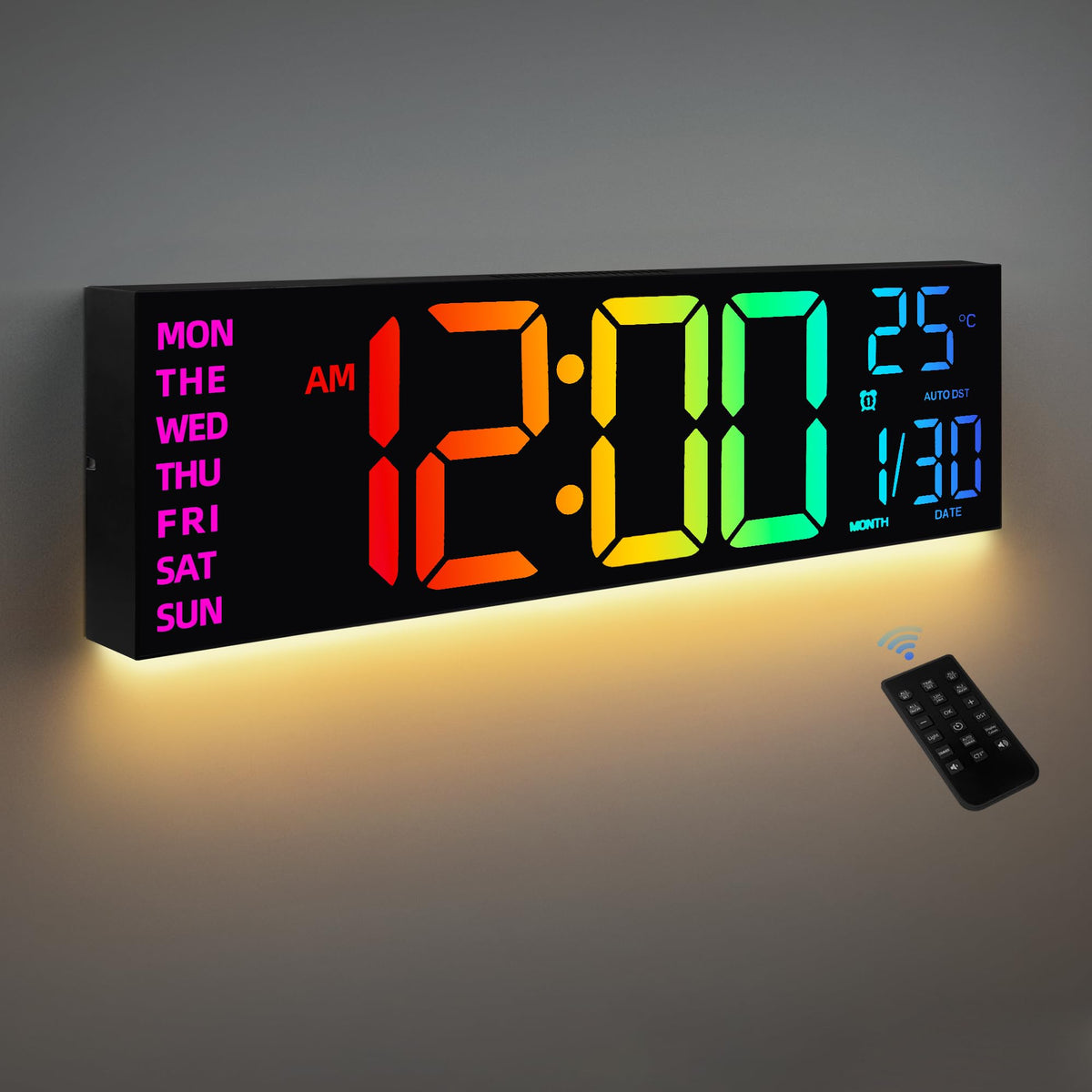 HAITANG 16.2-inch digital wall clock front view shows time, date, and temperature for easy reading.