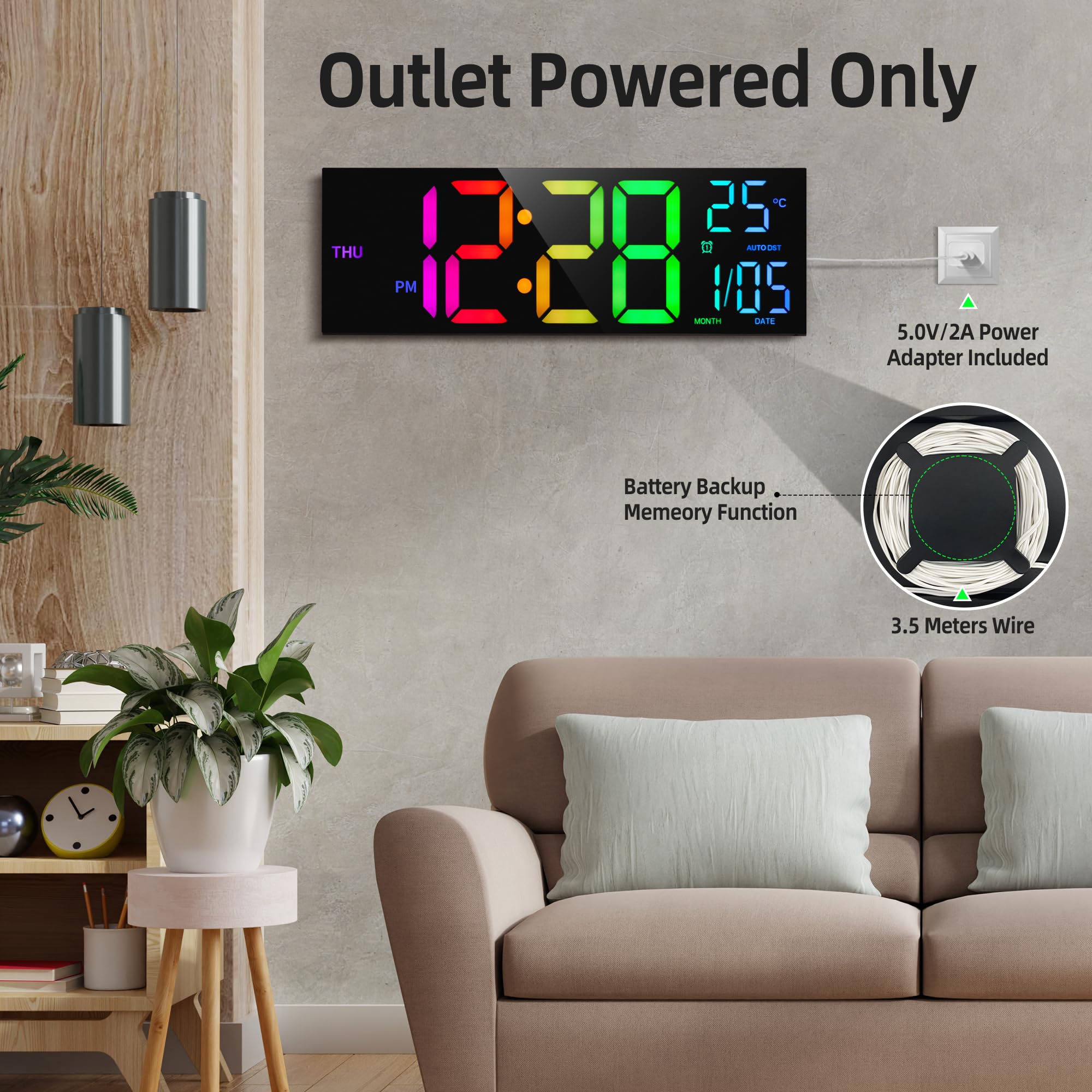 HAITANG plug-in clock with battery backup preserves settings during outages.