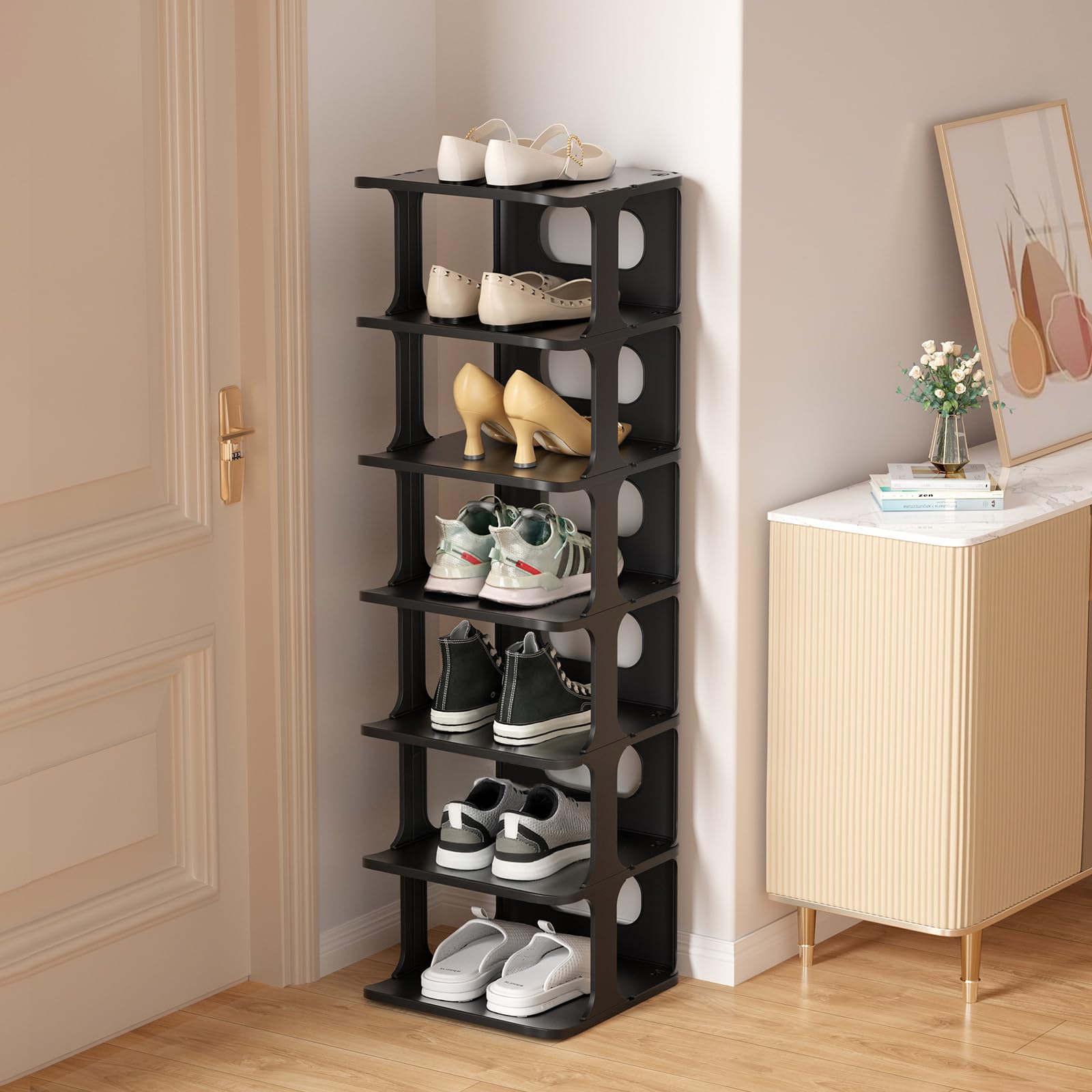 HAIXIN vertical narrow tall shoe rack at the front entrance saves space while organizing footwear.