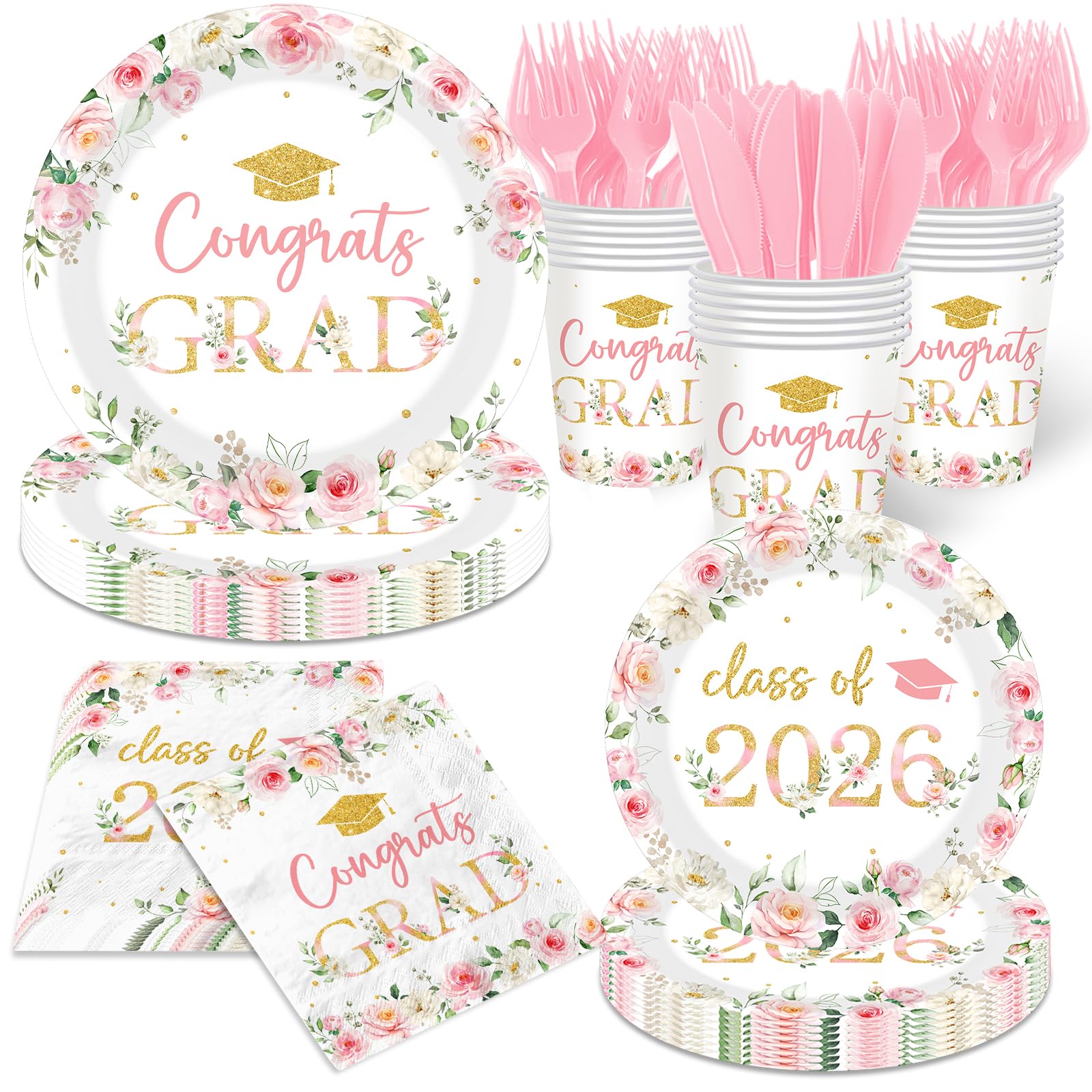 HAKOTI Class of 2026 dinner plates with pink-gold floral print for an elegant party vibe.