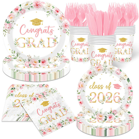 HAKOTI Class of 2026 dinner plates with pink-gold floral print for an elegant party vibe.