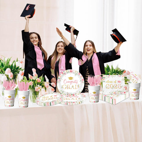 HAKOTI Class of 2026 flatware with pink-gold accents for sturdy, stylish serving options.