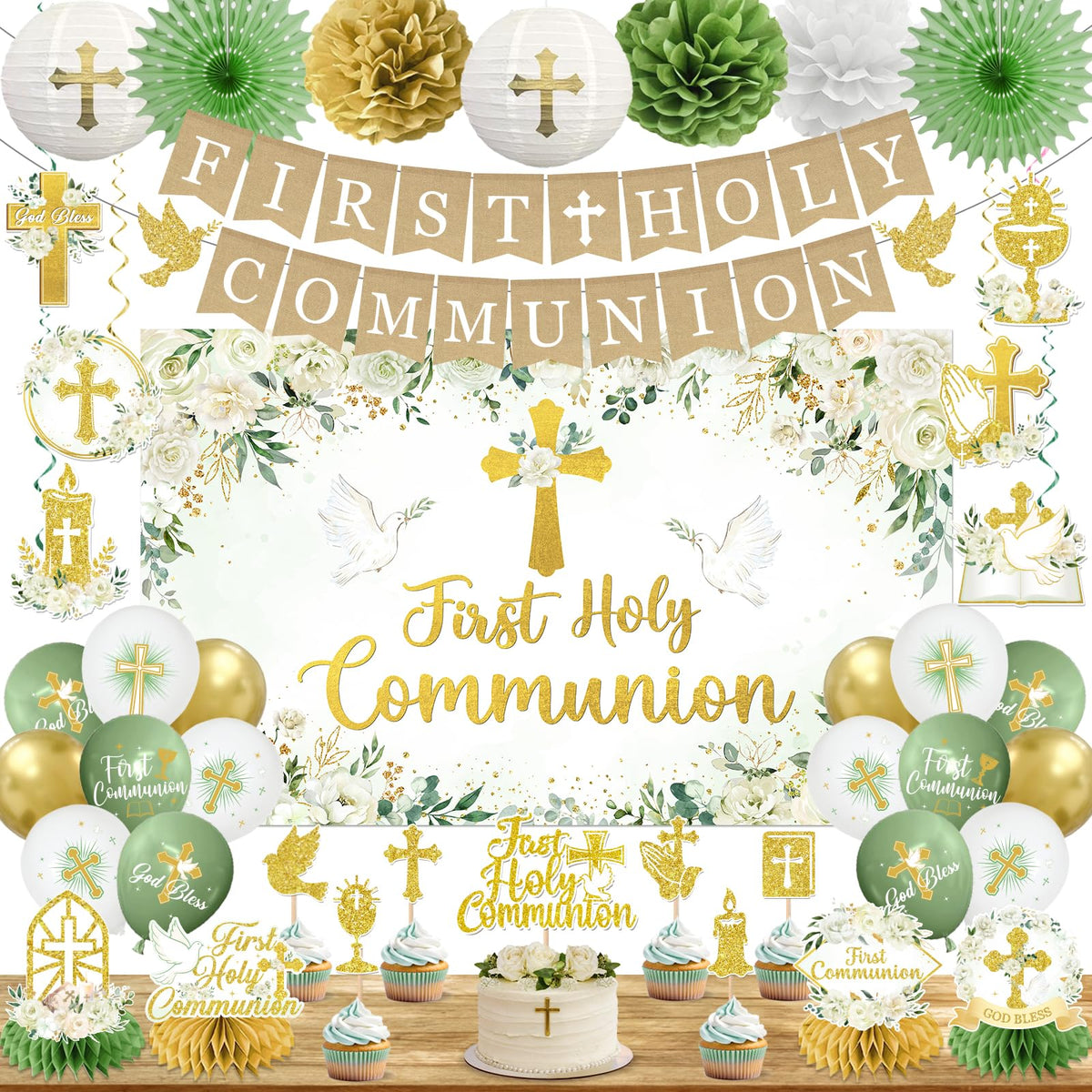 HAKOTI first communion banner backdrop enhances ceremony decor with sage green and gold.