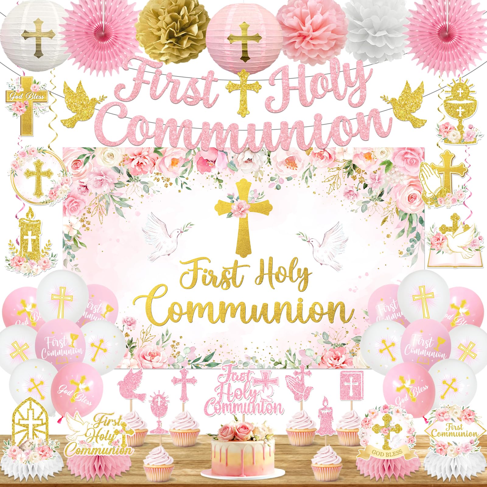 Hakoti first communion banner in pink and gold for elegant celebration photos